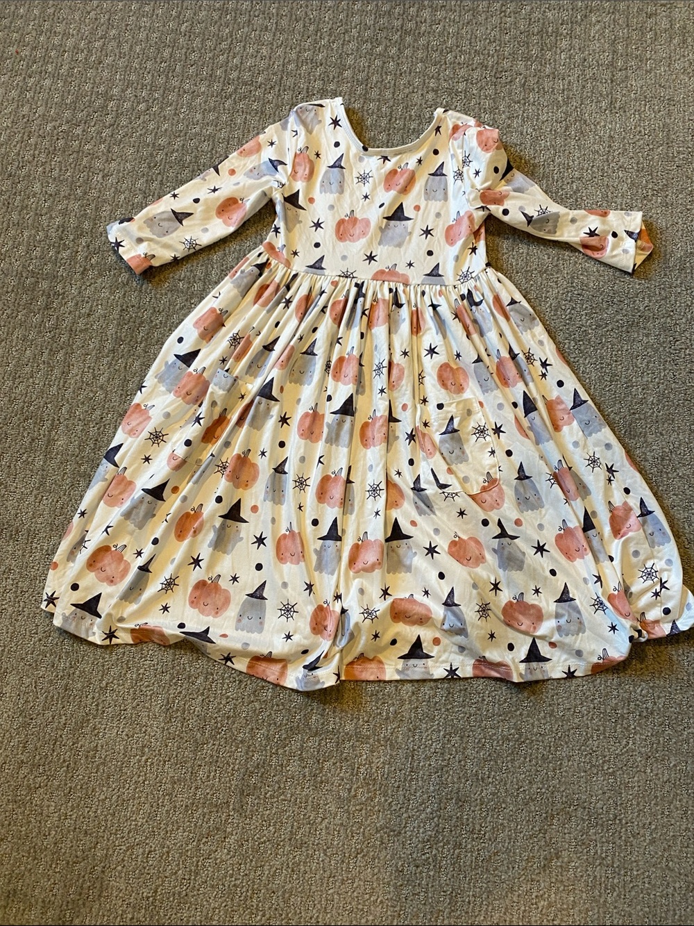 Girls' Cream Pumpkin & Witch Long Sleeve Twirl Dress